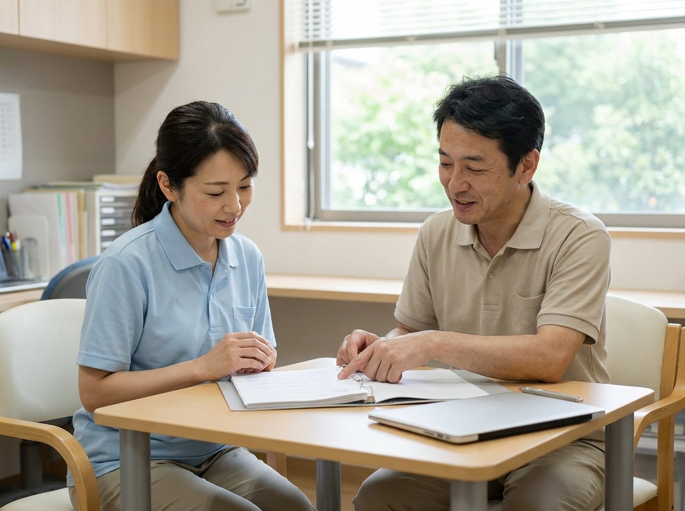 机で書類を開き、並んで話し合う職員