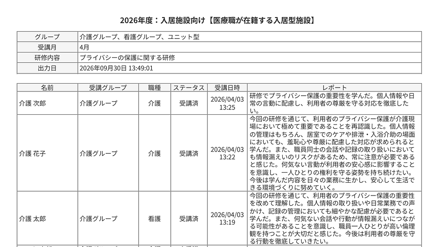 研修ごとの実施記録(受講状況とレポート)