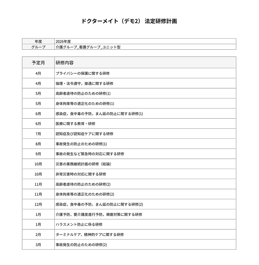 法定研修計画(月ごとの研修一覧)
